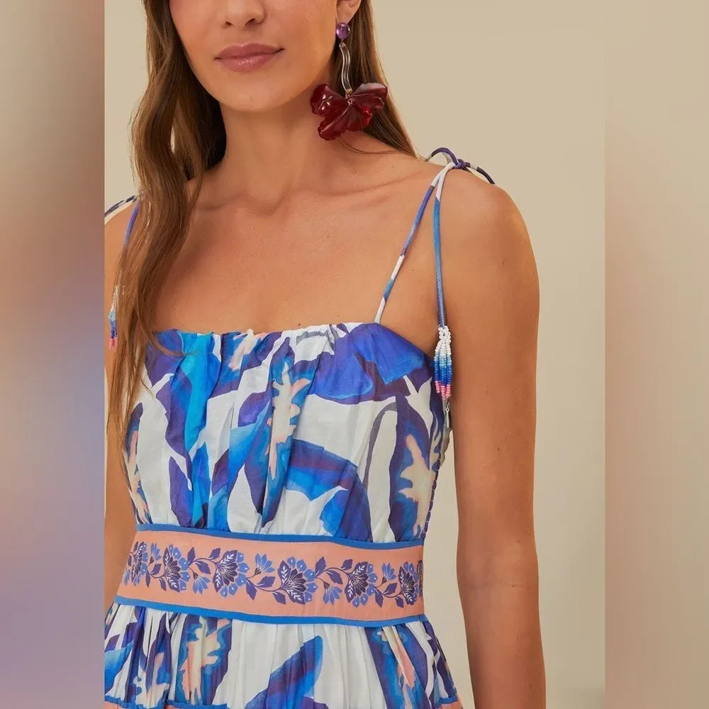 FARM Rio Off White Blue Foliage Midi Dress Size XS - Picture 3 of 16